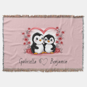 Cute Cartoon Penguin Lovers Heart Valentine’s Day Throw Blanket