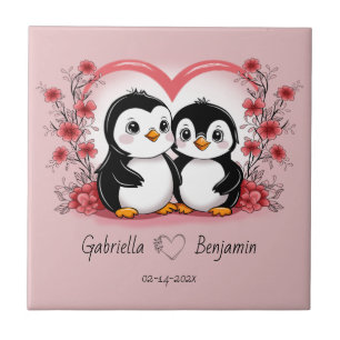 Cute Cartoon Penguin Lovers Heart Valentine’s Day Tile