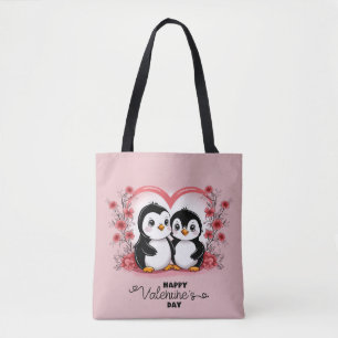 Cute Cartoon Penguin Lovers Heart Valentine’s Day  Tote Bag