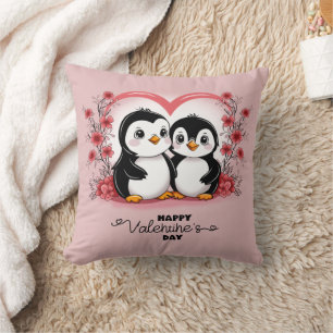 Cute Cartoon Penguin Lovers Hearts Valentine’s Day Cushion