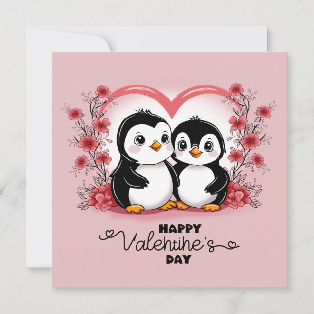 Cute Cartoon Penguin Lovers Hearts Valentine’s Day Holiday Card (Front)