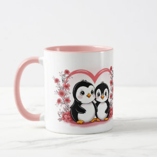 Cute Cartoon Penguin Lovers Hearts Valentine’s Day Mug