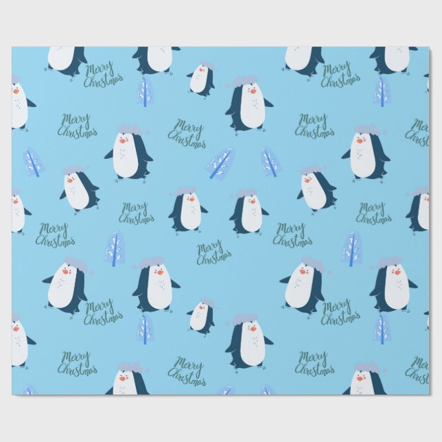Cute Cartoon Penguin Merry Christmas  Wrapping Paper (Flat)