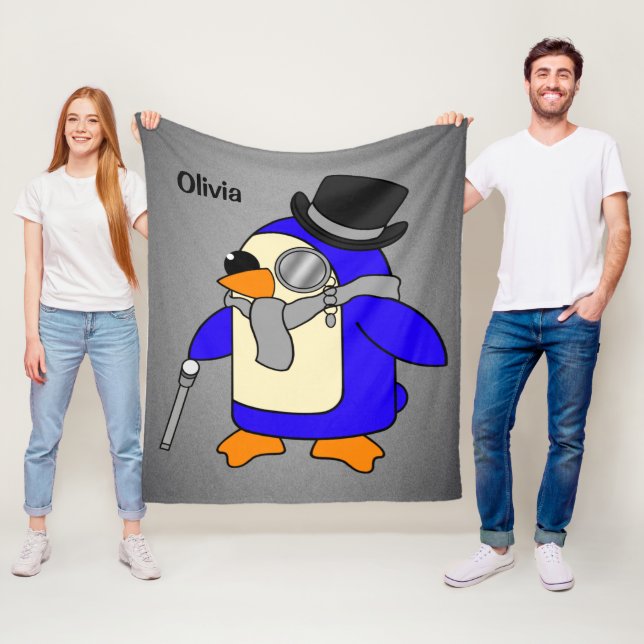 Cute cartoon penguin neutral grey fleece blanket (In Situ)