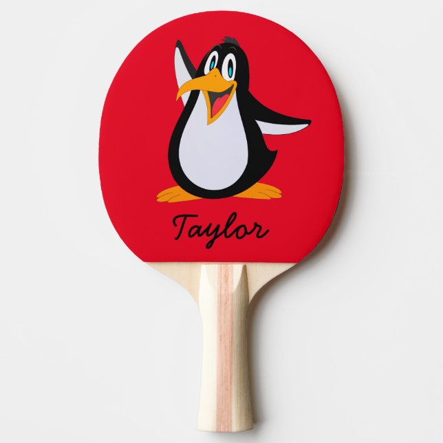 Cute Cartoon Penguin on Red with Name Ping Pong Paddle (Front)
