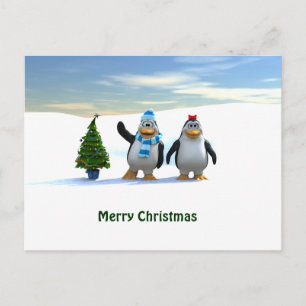 Cute Cartoon Penguin Pair with Tree Holiday Postcard