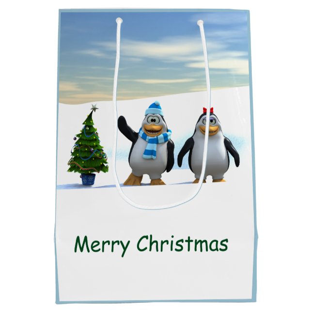 Cute Cartoon Penguin Pair with Tree Medium Gift Bag (Back)