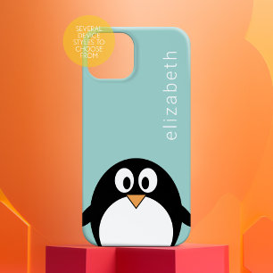 Cute Cartoon Penguin Pastel Teal Blue Modern Name iPhone 16 Case