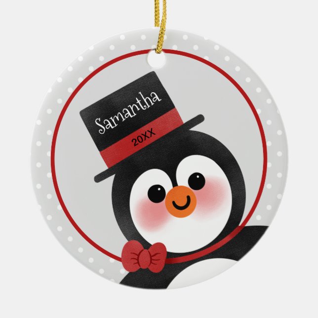 Cute Cartoon Penguin Personalised Name Photo Ceramic Tree Decoration (Front)