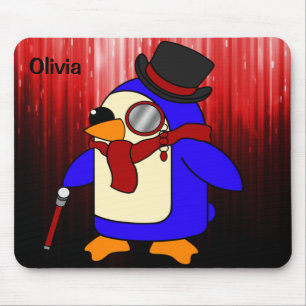 Cute cartoon penguin red and black mouse mat