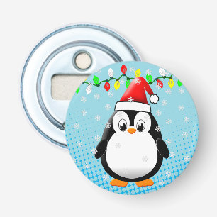 Cute Cartoon Penguin Santa Hat Christmas Lights Bottle Opener