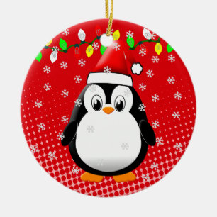 Cute Cartoon Penguin Santa Hat Christmas Lights Ceramic Tree Decoration