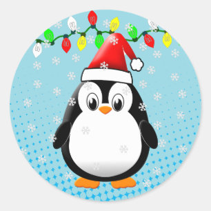 Cute Cartoon Penguin Santa Hat Christmas Lights Classic Round Sticker