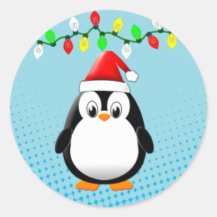 Cute Cartoon Penguin Santa Hat Christmas Lights Classic Round Sticker