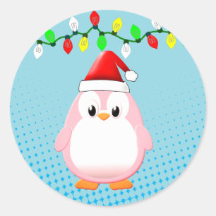 Cute Cartoon Penguin Santa Hat Christmas Lights Classic Round Sticker