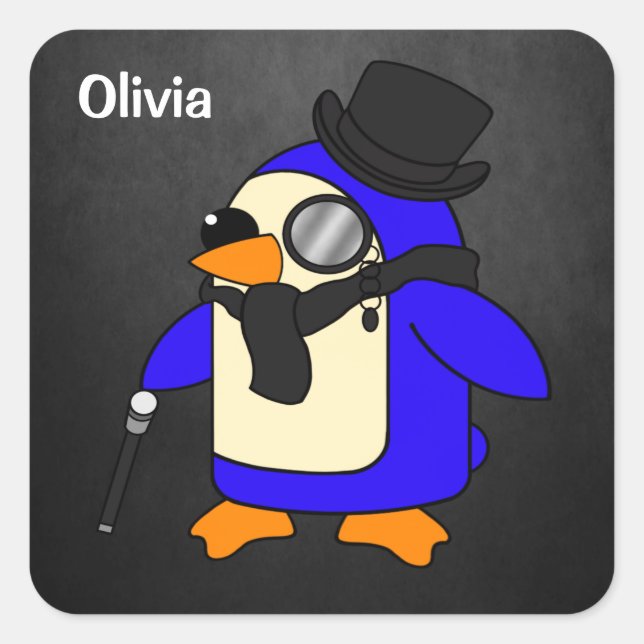 Cute cartoon penguin stylish black stone square sticker (Front)
