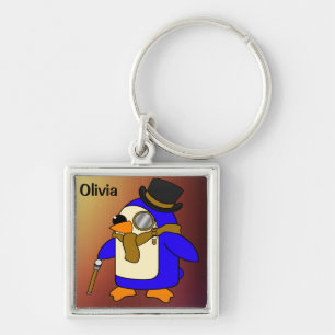 Cute cartoon penguin tanned leather brown key ring