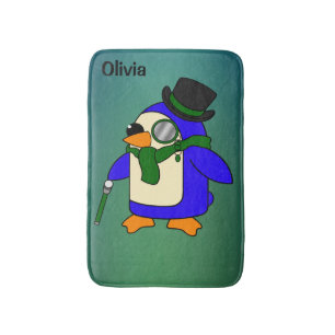 Cute cartoon penguin teal dark emerald green bath mat