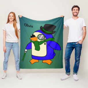 Cute cartoon penguin teal dark emerald green fleece blanket