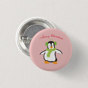 Cute Cartoon Penguin w/Green Scarf and Ear Muffs 3 Cm Round Badge