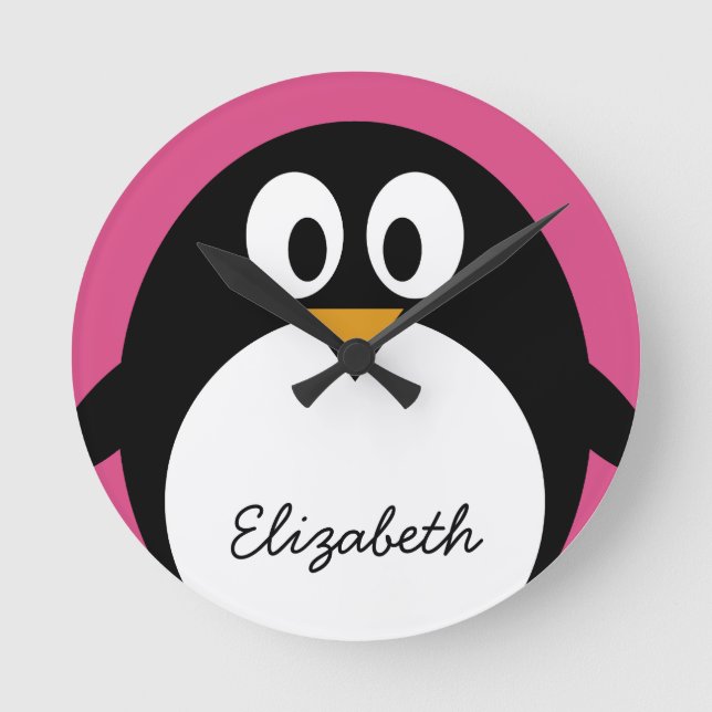 cute cartoon penguin with pink background round clock (Front)