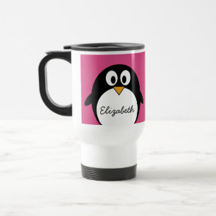 cute cartoon penguin with pink background travel mug