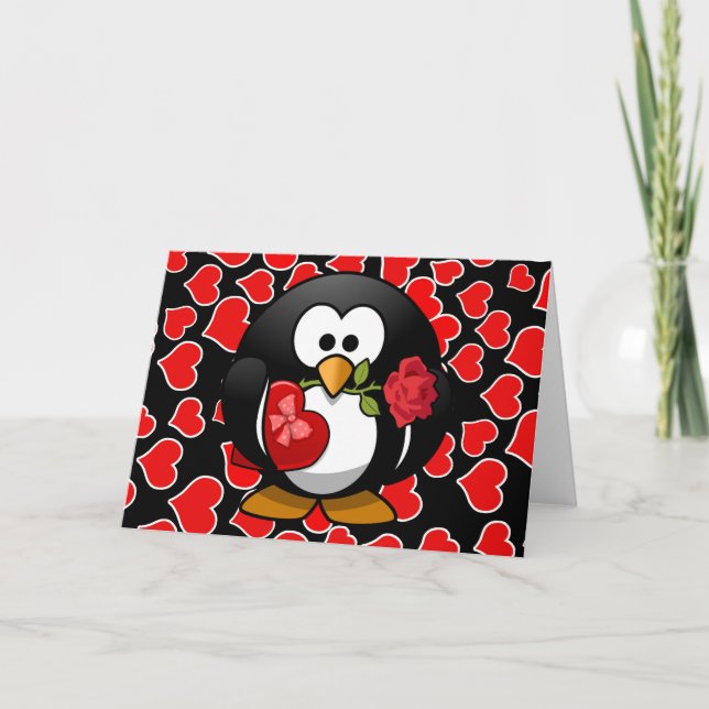 Cute Cartoon Penguin With Valentine Gifts Holiday Card (Front)