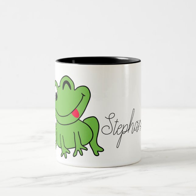 Cute Cartoon Personalised Green Frog Two-Tone Coffee Mug (Center)