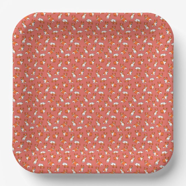 cute cartoon pet dog corgis pattern red background paper plate (Front)