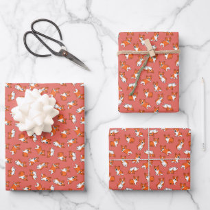 cute cartoon pet dog corgis pattern red background wrapping paper sheet