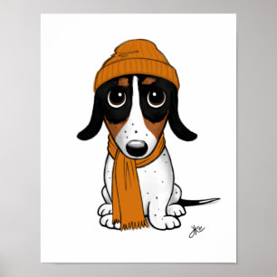 Cute Cartoon Piebald Dachshund with Beanie Poster