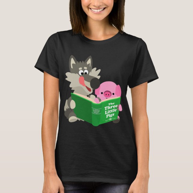 Cute Cartoon Pig And Wolf Reading Women's T-Shirt (Front)