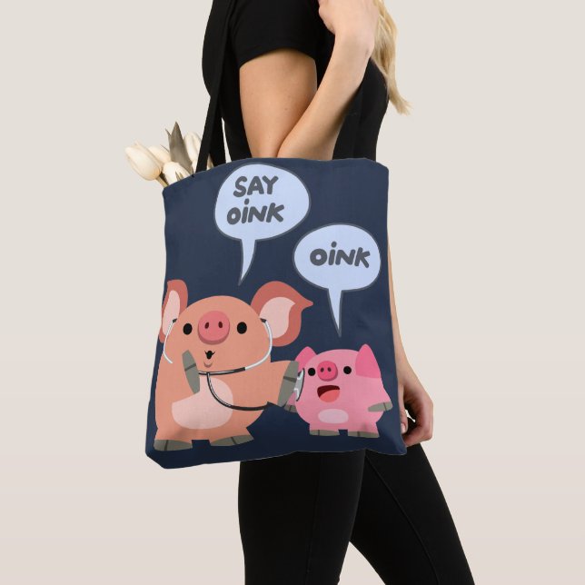 Cute Cartoon Pig Doctor and Patient Tote Bag (Close Up)