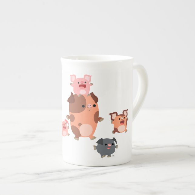 Cute Cartoon Pig Family Bone China Mug (Front Right)