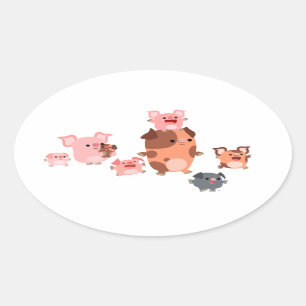 Cute Cartoon Pig Family Oval Sticker
