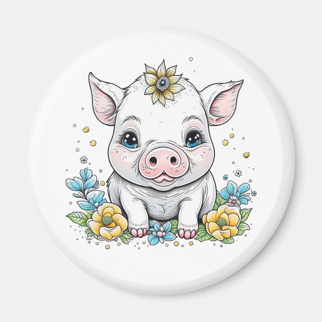 Cute Cartoon Pig in Flowers Magnet (Front)