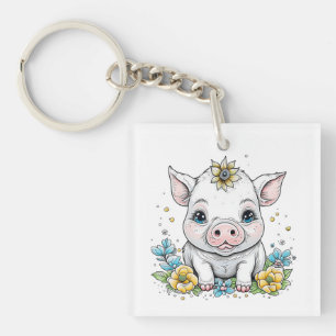 Cute Cartoon Pig in Flowers Personalised Key Ring
