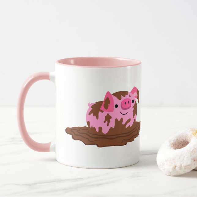 Cute Cartoon Pig in The Mud Mug (With Donut)