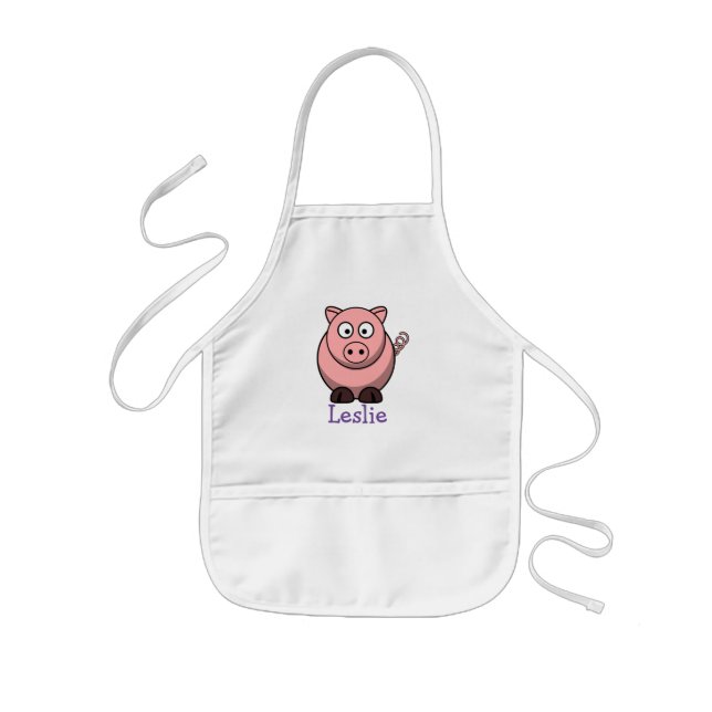 Cute cartoon pig personalised with childs name kids apron (Front)
