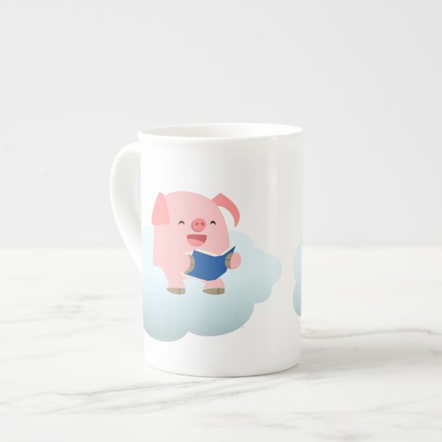 Cute Cartoon Pig Reader on Cloud Bone China Mug (Front Left)