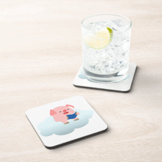 Cute Cartoon Pig Reader on Cloud Coasters Set