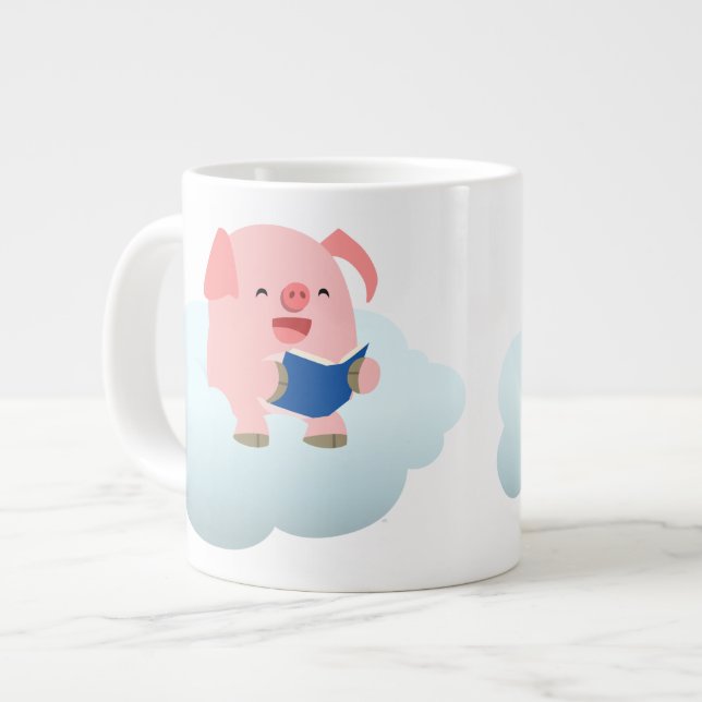 Cute Cartoon Pig Reader on Cloud Jumbo Mug (Front Left)