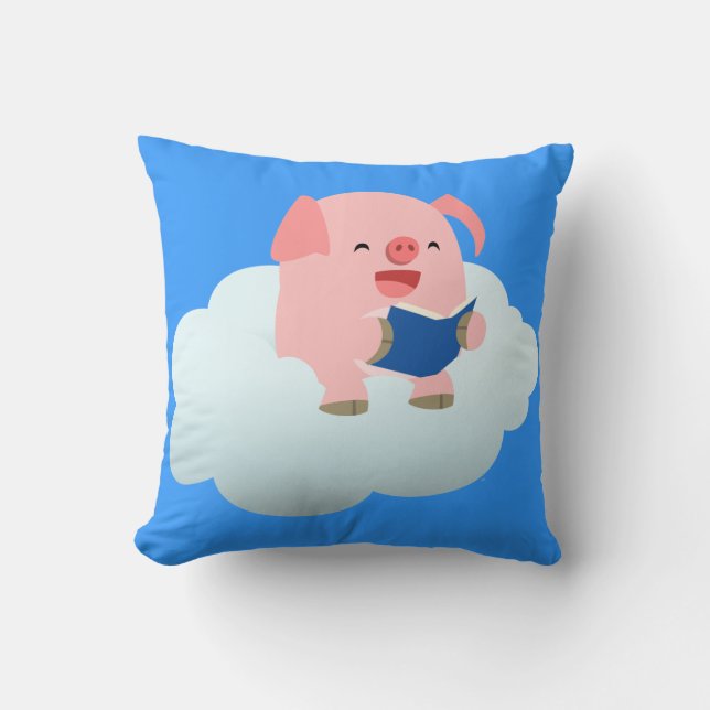 Cute Cartoon Pig Reader on Cloud Pillow (Front)