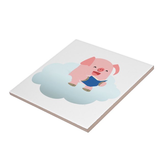 Cute Cartoon Pig Reader on Cloud Tile (Side)