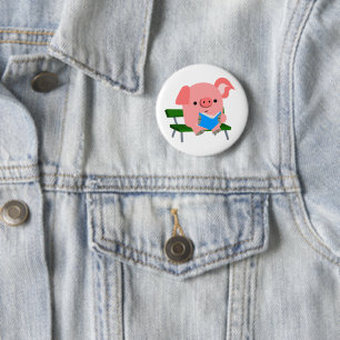 Cute Cartoon Pig Reading on a Bench Button Badge