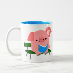 Cute Cartoon Pig Reading on a Bench Mug