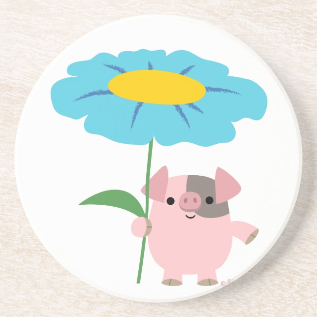 Cute Cartoon Pig With Gift (Blue) Coaster (Front)