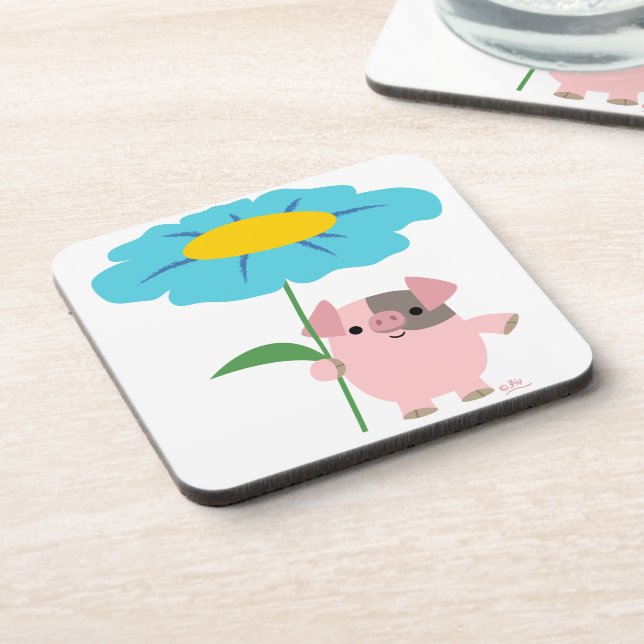 Cute Cartoon Pig With Gift (Blue) Coasters Set (Left Side)