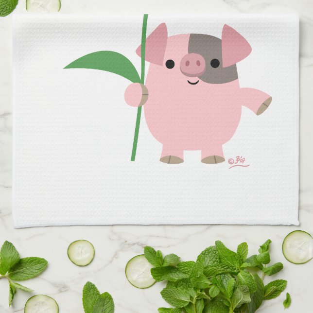 Cute Cartoon Pig With Gift (Blue) Kitchen Towel (Folded)