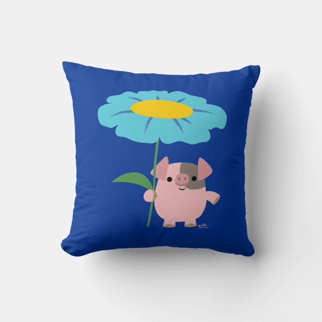 Cute Cartoon Pig With Gift (Blue) Pillow (Front)